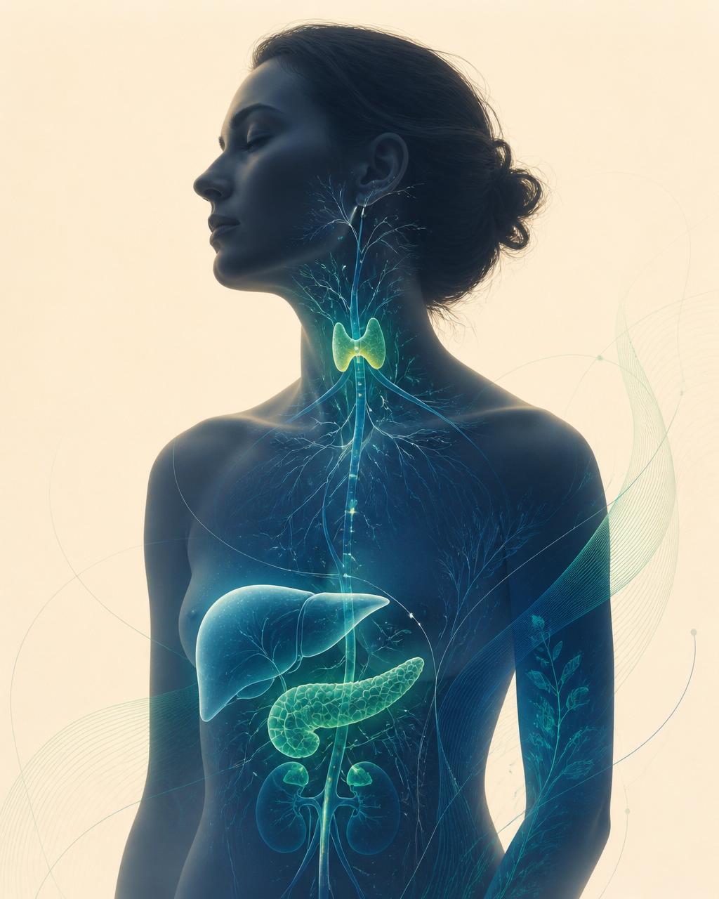 Paciente descubriendo cómo funciona el metabolismo — rutas metabólicas iluminadas